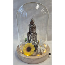 Glazen stolp met Lebuinuskerk Deventer Zilvertin Glazen stolp met Lebuinuskerk Deventer Zilvertin