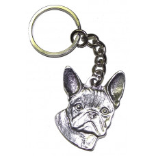 Sleutelhanger franse bulldog. gepatineerd glanzend tin.